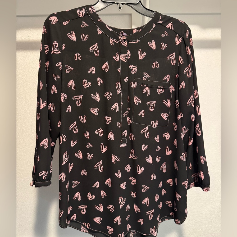 NYDJ Black Blouse with Pink Heart Design